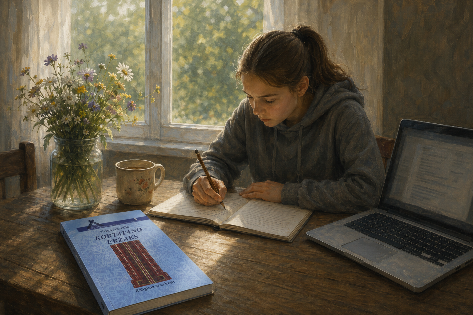 Учить эрзянский сегодня можно и по книге, и в браузере. Иллюстрация: сгенерирована ИИ.